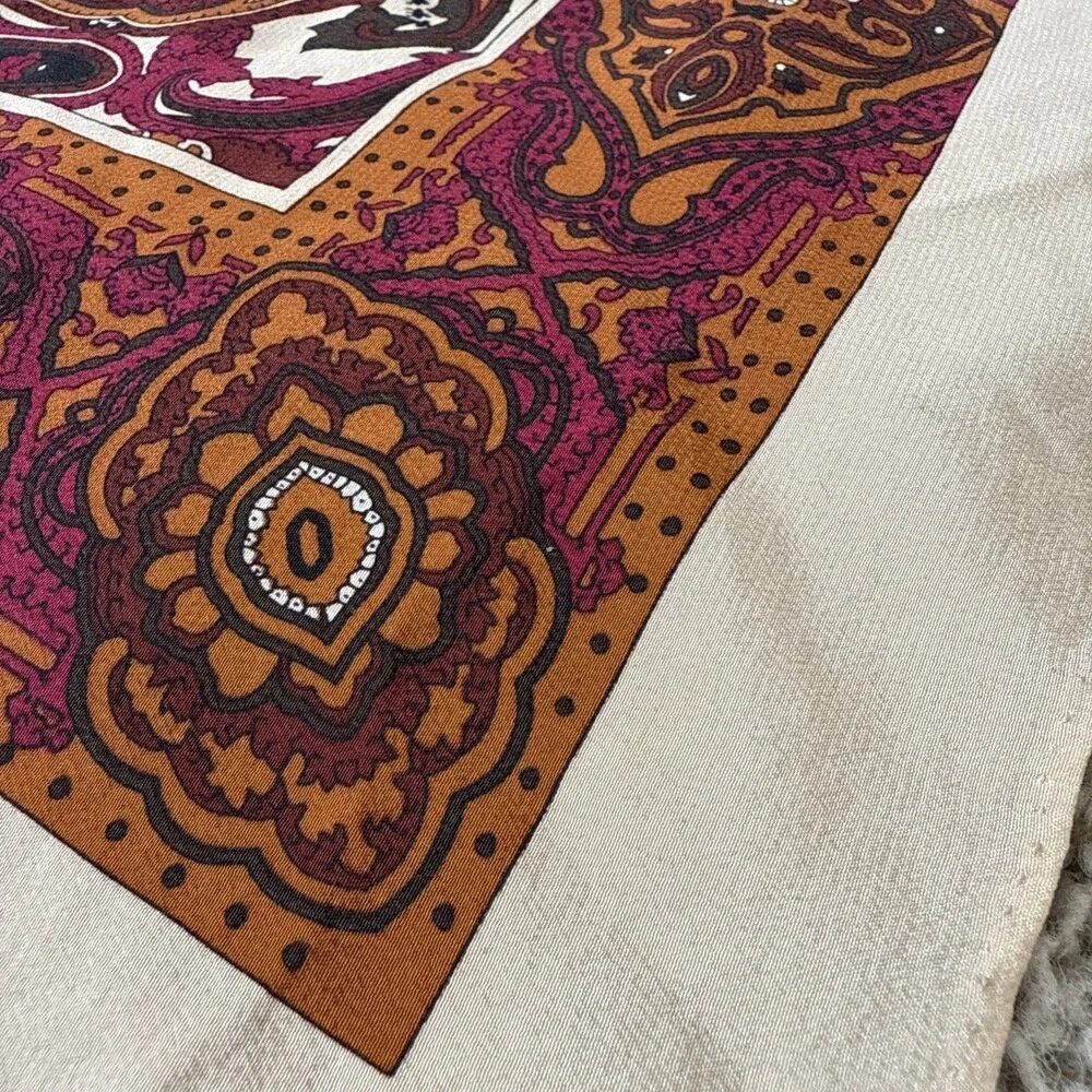 Vintage Silk Paisley Scarf 32x34 Burgundy Rust Mustard Gold Ornate Border 70s